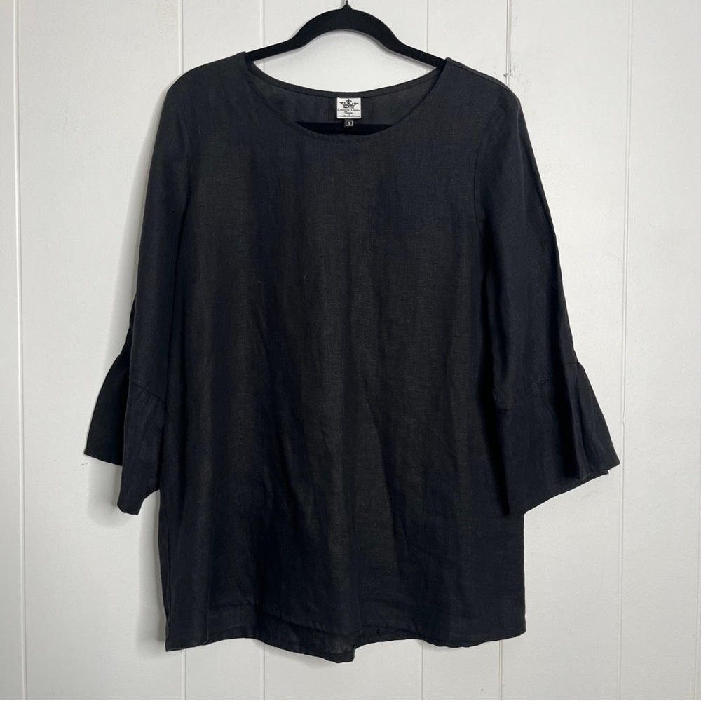 Crown Linen Designs 100% European Linen Black Woven Tunic Top Ruffle Sleeve S